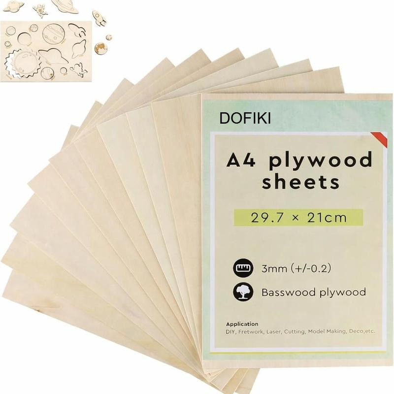 Image of Dofiki 20pcs Plywood A4 Size, 3mm Thickness, Natural Wood Sheets For Laser And Cnc Cutting, Smooth Sheets For Engraving, Crafts, And Diy Projects, Basswood Sheets