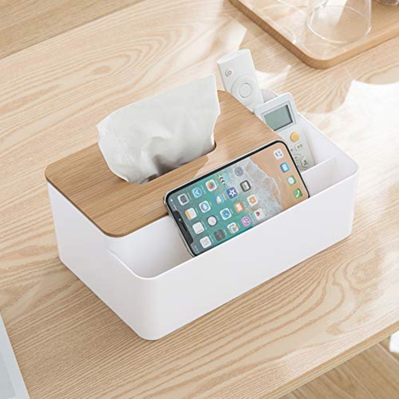 modern white &   tissue box organizer with bamboo lid - multifunctional rectangular storage dispenser with 5 compartments, durable ps & bamboo construction for home, office, dresser - space-saving tissue holder with   & open shelf design, easy- , compact organizer for tissues, pens, remotes, phones, and more, tissue box with storage, craft tissue box, modern tissue box holder, tissue box holder with storage, resin tissue box holder Product details 2
