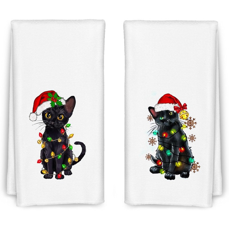 

2pcs Black Cat Christmas Towels, 18x26 Inch, Modern Woven Polyester Dish Cloths, Super Soft, Machine Washable, Themed Kitchen & Bathroom , With Holiday Gift For Cat Lovers