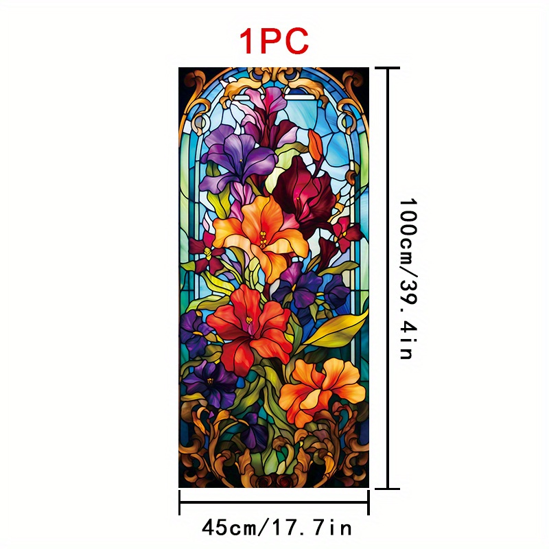 Temu 1Pc Gothic Film Static Cling Removable Suitable For Windows - Multilayer Purple/Red/Orange/Yellow Flower Stained Glass With & Sky ,-image