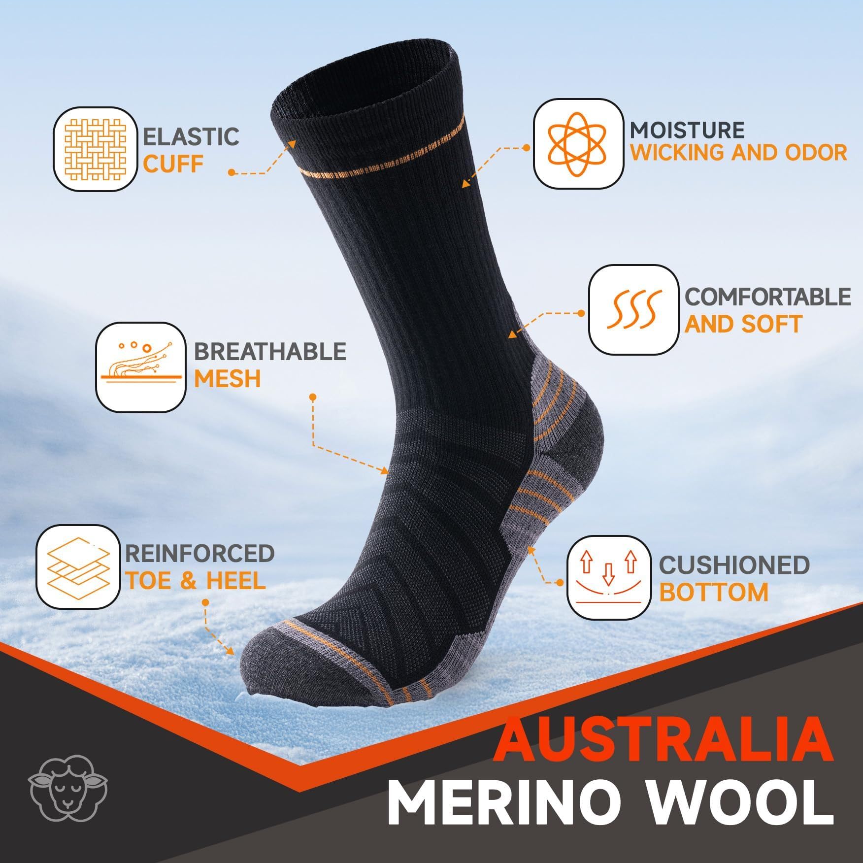 Merino Wool Blend Thermal Socks 3-Pair – Men’s Mid Calf Cushioned Hiking & Work Boot Socks