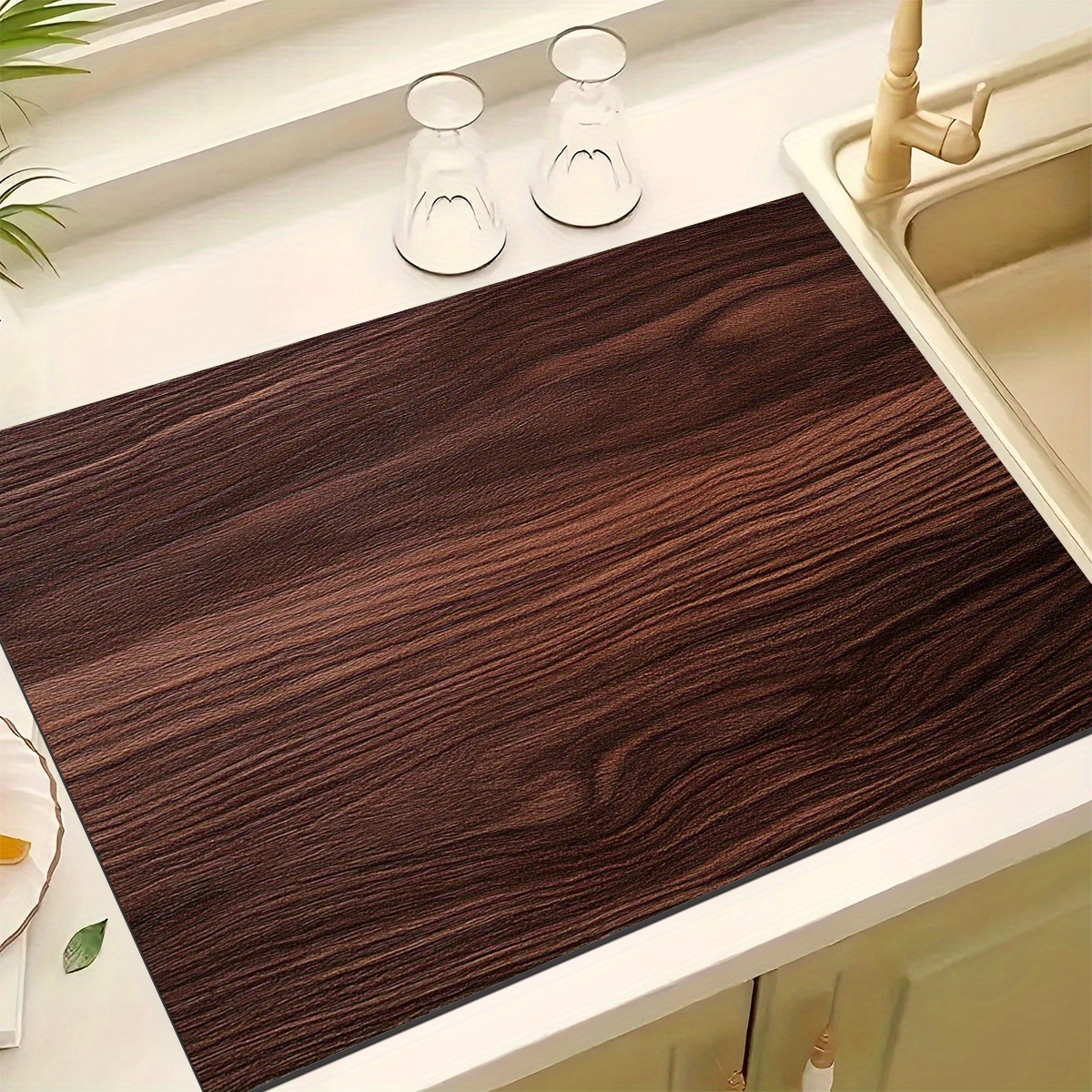 TEMU 1pc Dish Drying Mat With Dark Brown Wood Grain Pattern, Suitable For Countertops, Dining, And Kitchen Tables - A Perfect Drying Mat For Patio
