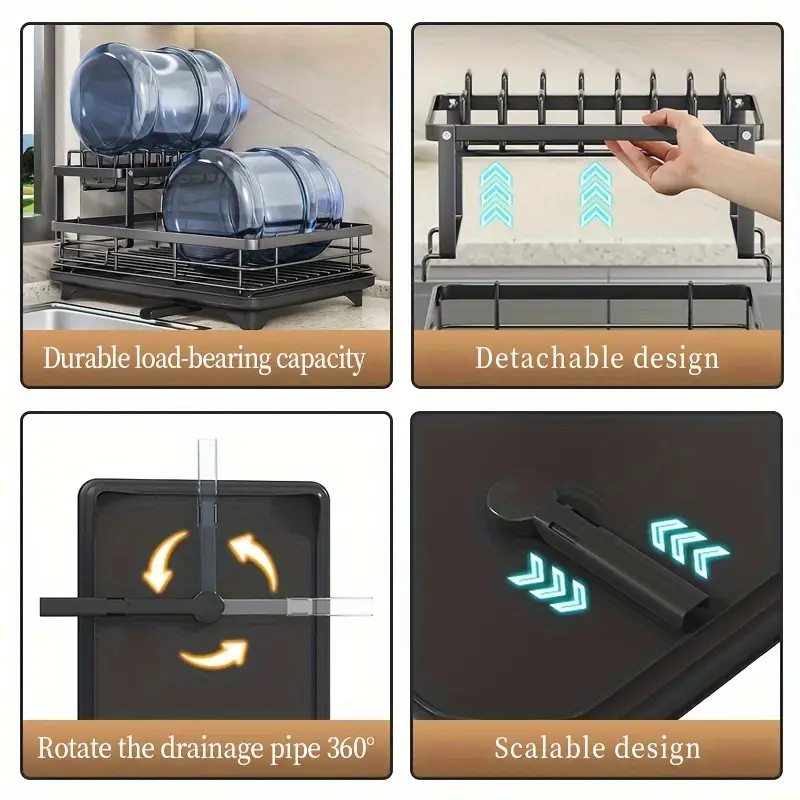 2 tier stainless steel kitchen dish drying rack with drain tray knife holder cutting board stand large capacity auto drainage organizer for bowls plates cups utensils chopsticks utensil holder spacesaving design dish drying rack for kitchen counter utensil storage sleek dish rack material Product details 2