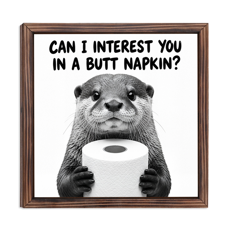 TEMU 1pc Humorous "can A ' Napkin'?" Otter Wall Sign - Wood Frame Suitable For Bathroom Cabinets, Laundry Room Decor With Minimalist Square & 3