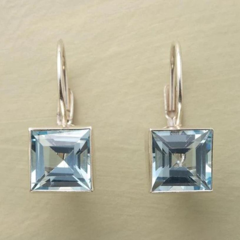 TEMU 2pcs Exquisite Silver-plated Square Aquamarine Drop Earrings, , Perfect For Daily Wear, Elegant Jewelry Gift