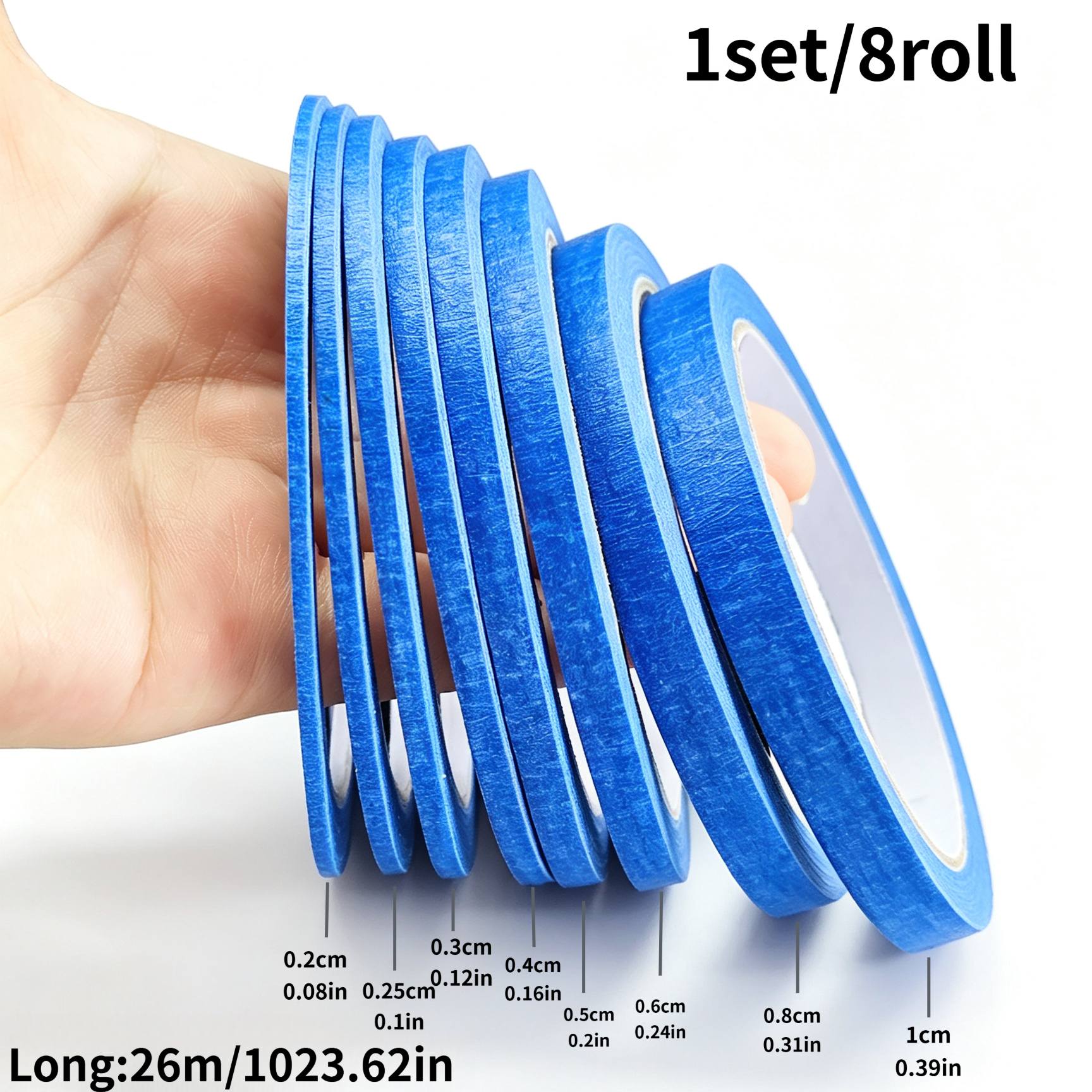 TEMU 1 Set/8 Rollos 26M Cinta Adhesiva Azul y Cinta Washi - Ideal para Nail Art, Pintura, de Pintura en Aerosol, Diseño de Ropa, Cinta de Papel para