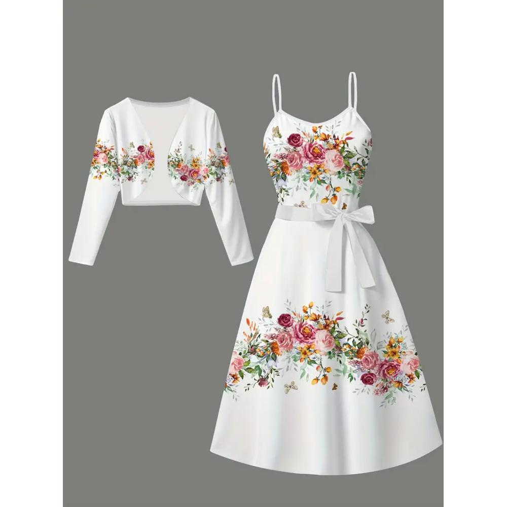 TEMU Ladies Autumn/ Winter Countryside Style Two-piece Set Floral Printed Sleeveless Dress Long Sleeve Short Cardigan For Dating And Travel, Light Create, Romantic And Style
