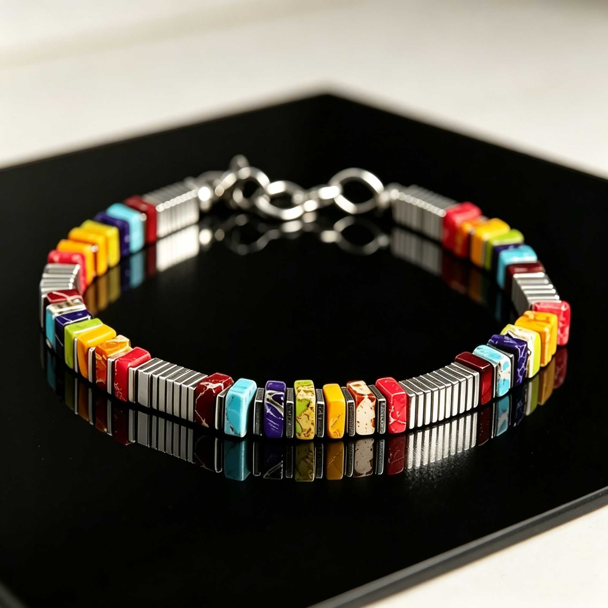TEMU Bracelet vibrant de perles en naturelle avec des perles d'espacement argentées, bijoux de mode bohème unisexes, cadeau d'été parfait pour hommes