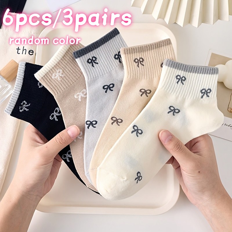 TEMU 6 Stück/3 Paar Schleifen-Kurzsocken für Paare, zufällige Farben, Ganzjahres-Damenkurzsocken mit süßem Mädchenmuster, vielseitig – niedliche,