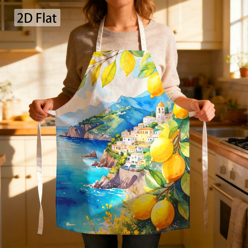 TEMU 2d Flat 1pc Apron Italian Coastal Town & Lemon Tree Graphic Apron With Vibrant Design 68cm X 55cm Unisex Durable Fade Resistant Comfortable Easy