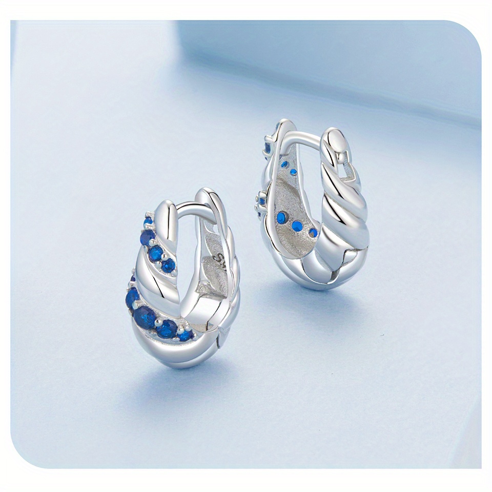 1 pair luxury 925 sterling silver hoop earrings, blue twisted anti-allergy jewelry with synthetic zirconia,   music festival   wear details 4