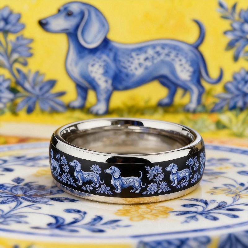 Blue Porcelain Dachshund Pattern Stainless Steel Ring, Floral Design