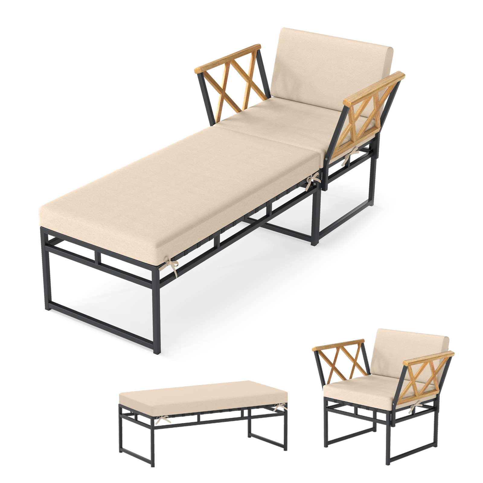 Image of 2pcs Patio Furniture Set, Outdoor Metal Chaise Lounge Chair With Cushion And Acacia Wood Armrests, Patio Armchair With Ottoman For Poolside, Backyard And Garden