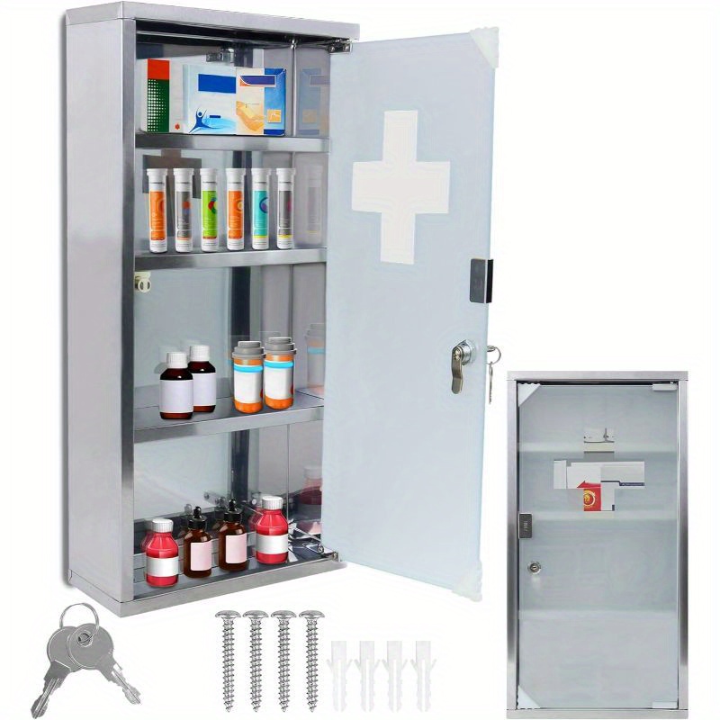 Medicine Cabinet With Compartments, Medicine Cabinet Made Of With Frosted Glass Magnetic Door And Key Hanging Medicine Box