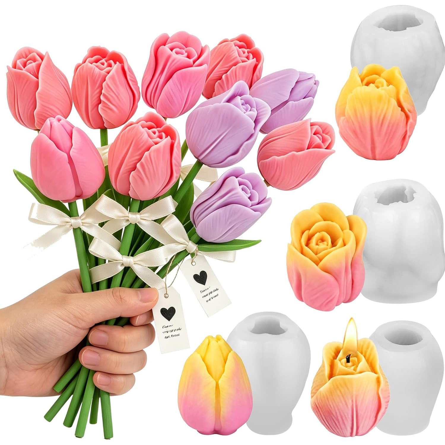 TEMU Tulip Candle Mold, 4pcs Set Of Tulip Molds In Different Flower Shapes, Used For Candle Making, , Wedding, Valentine's Day, Mother's Day Gifts