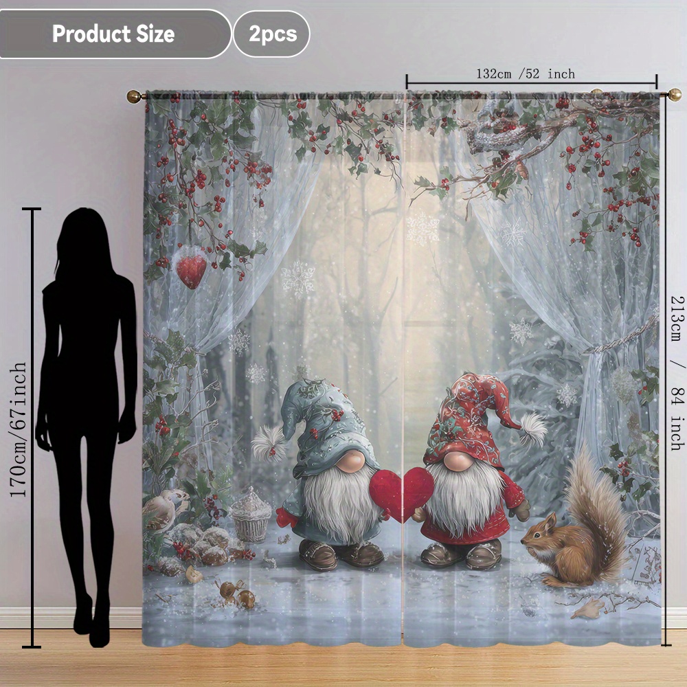 TEMU 2pcs Christmas Elf Nordic Snow Scene Holiday Printed Sheer Curtains, Flowing Window Drapes Suitable For Kitchen, Café, Restaurant, Balcony,