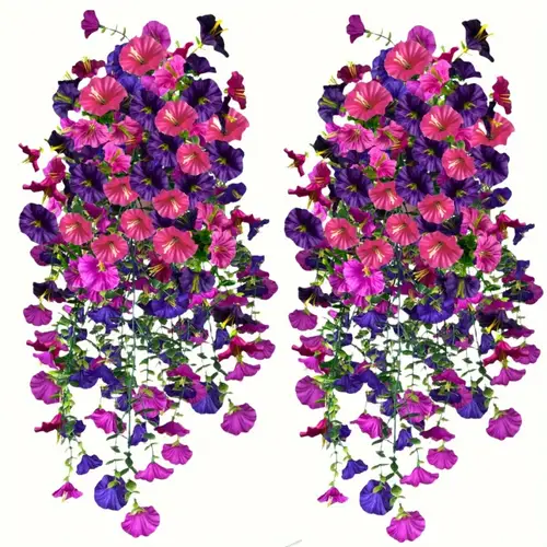 2 bunches uv protected morning and eucalyptus hanging flowers purple and yellow artificial plants suitable for outdoor home office and garden decoration festivals mothers day and year round use no power r