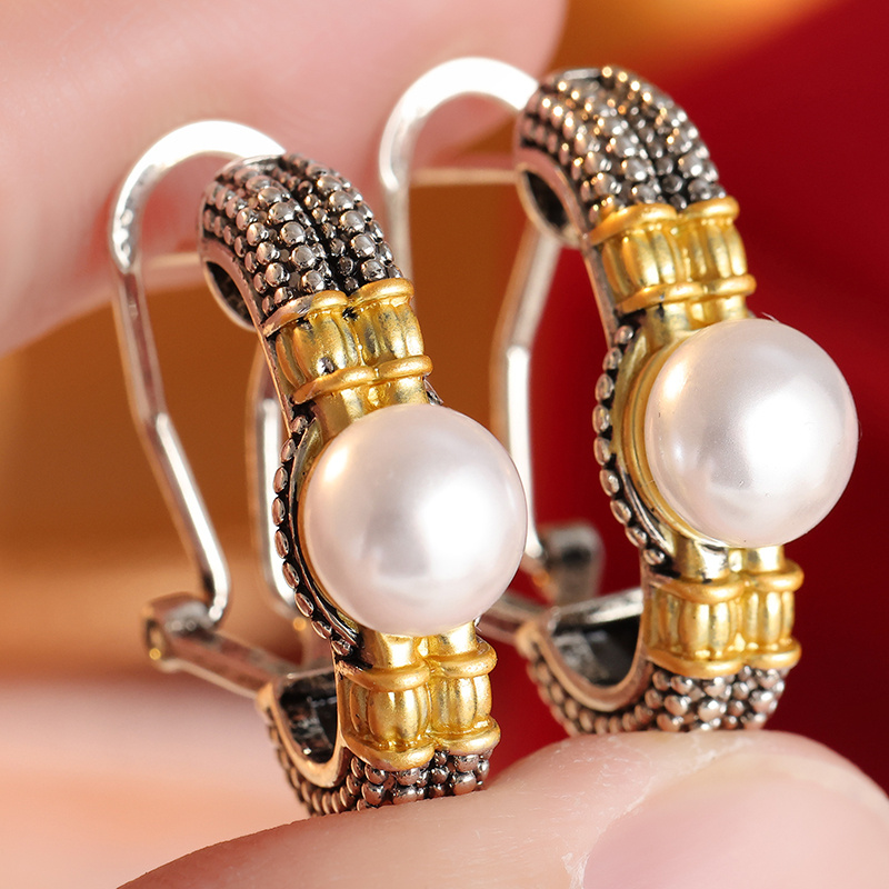 TEMU Boucles d'oreilles rondes vintage incrustées de perles synthétiques pour femmes, tendance, deux couleurs, sculpture à , usage , bijoux de fête,