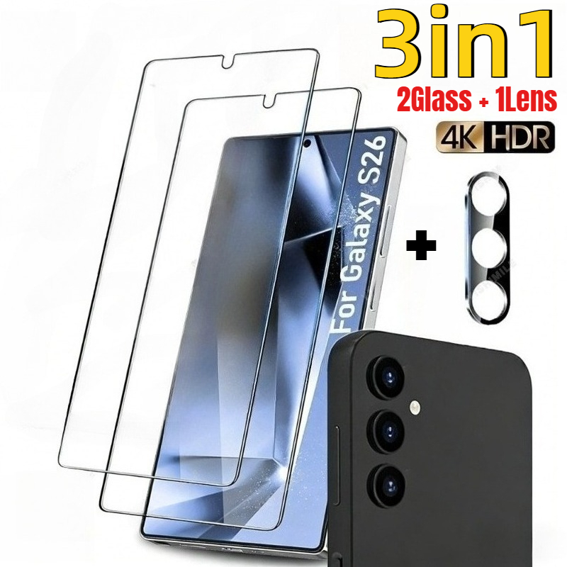 TEMU 3-in-1, 2 Hd Tempered Glass Screen Protectors Plus 1 Phone Camera Lens Protector, Full-screen Protection For Galaxy S26/s25/s24/s23/s22/s21 Fe ,