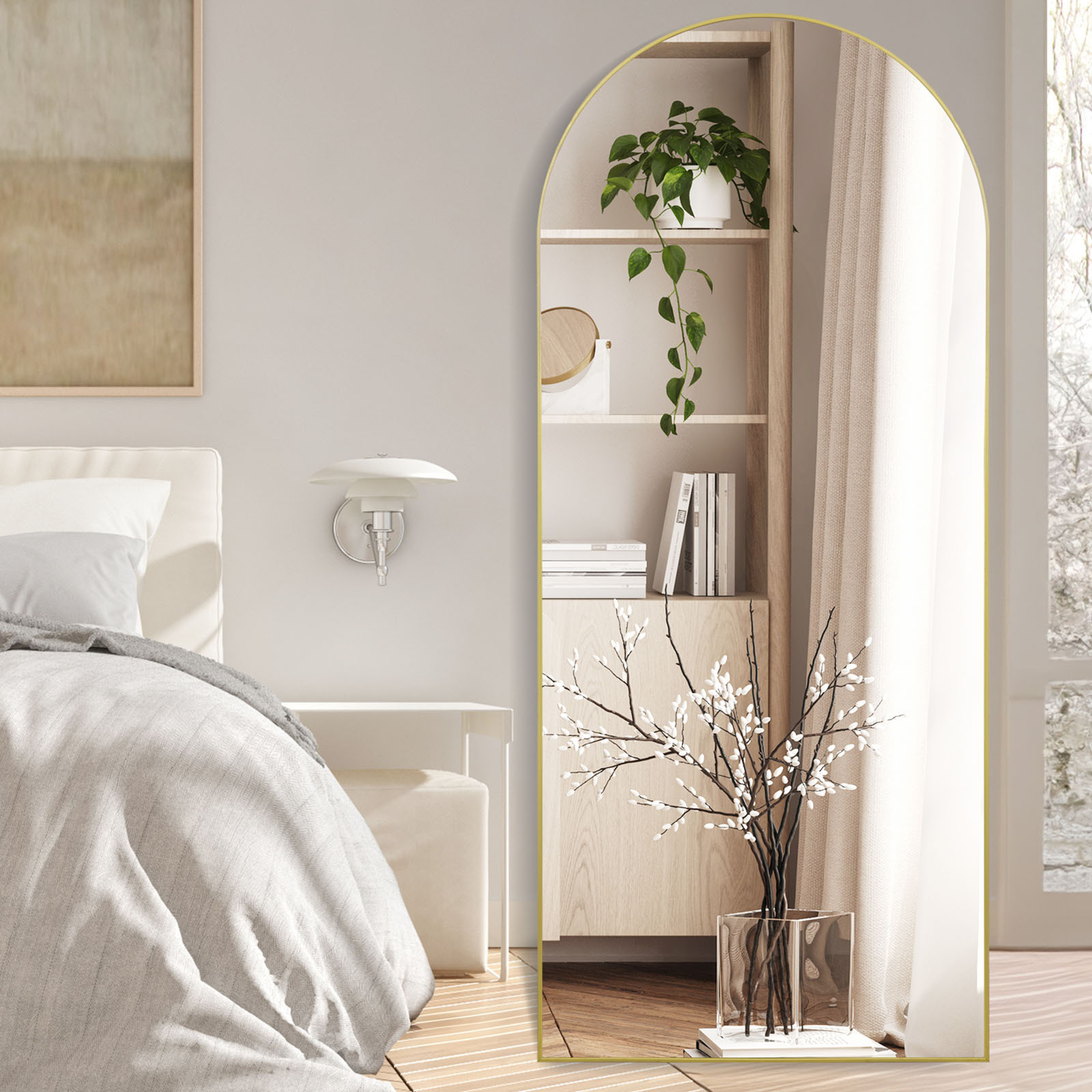 Elegant Arched Full-Length Mirror with Decorative Golden Frame