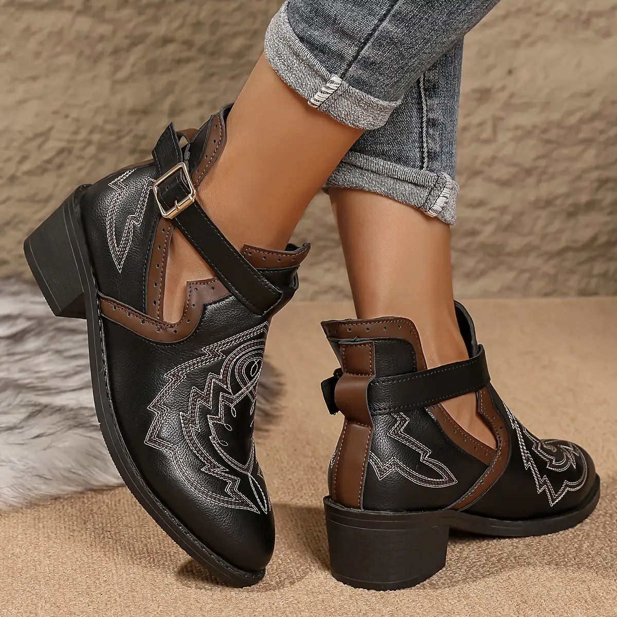 womens western ankle boots toe strap - Temu