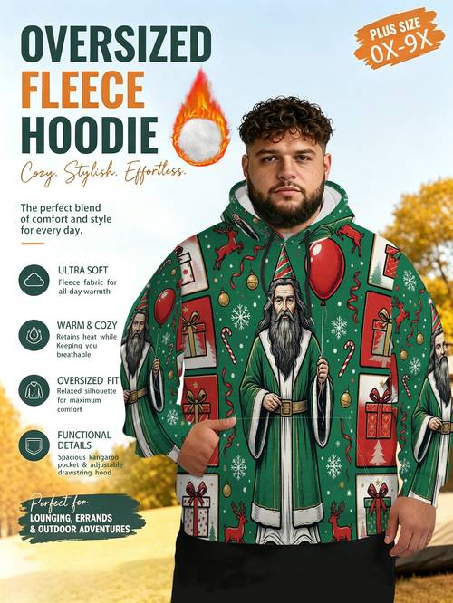 item picture printed design not texturedmens plus size hooded sweatshirt with festive holiday figure scene drawstring hoodie loose fit casual pullover top for big tall men sizes 0xl 9xl plus size