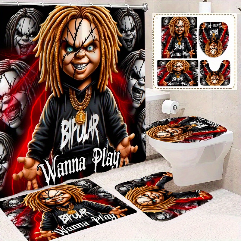 1/ 4pcs: Creative Horror Doll Pattern Shower Curtain, Shower Curtain Set, Non-Slip Bathroom, U-Shaped, Toilet Seat Cover, Halloween Shower Curtain with 12 Durable Hooks, Bathroom Decorations And Additions, Exquisite Holiday Furniture