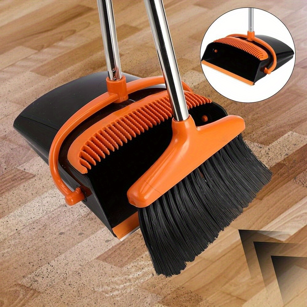 Image of Dustpan Broom Set Upright Built-in Comb Teeth Adjustable Handle Length For Household Office