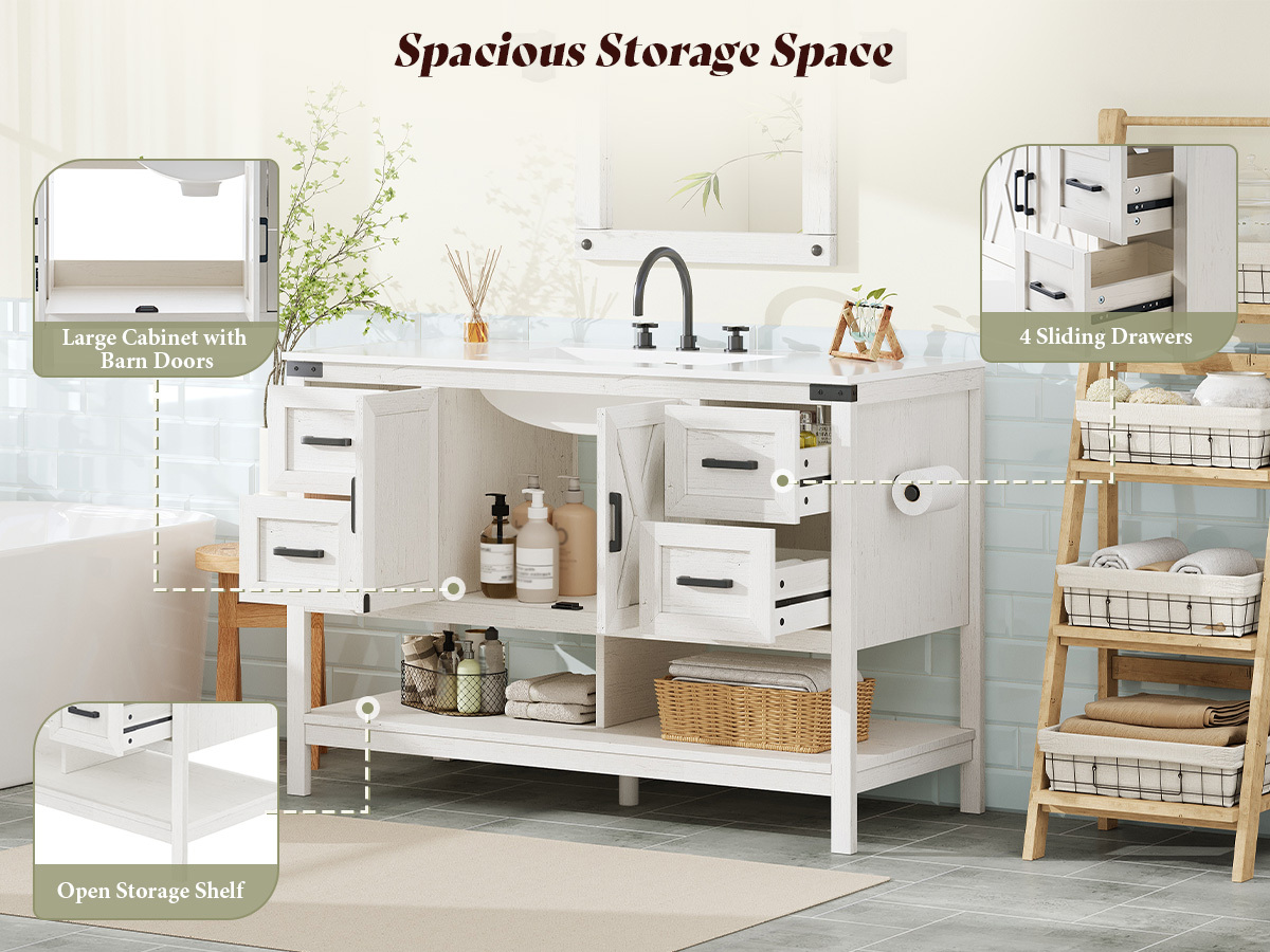 48 inch   bathroom vanity with barn door cabinet 4 drawer storage   freestanding sink unit   wood mdf suitable for bathrooms Product details 0