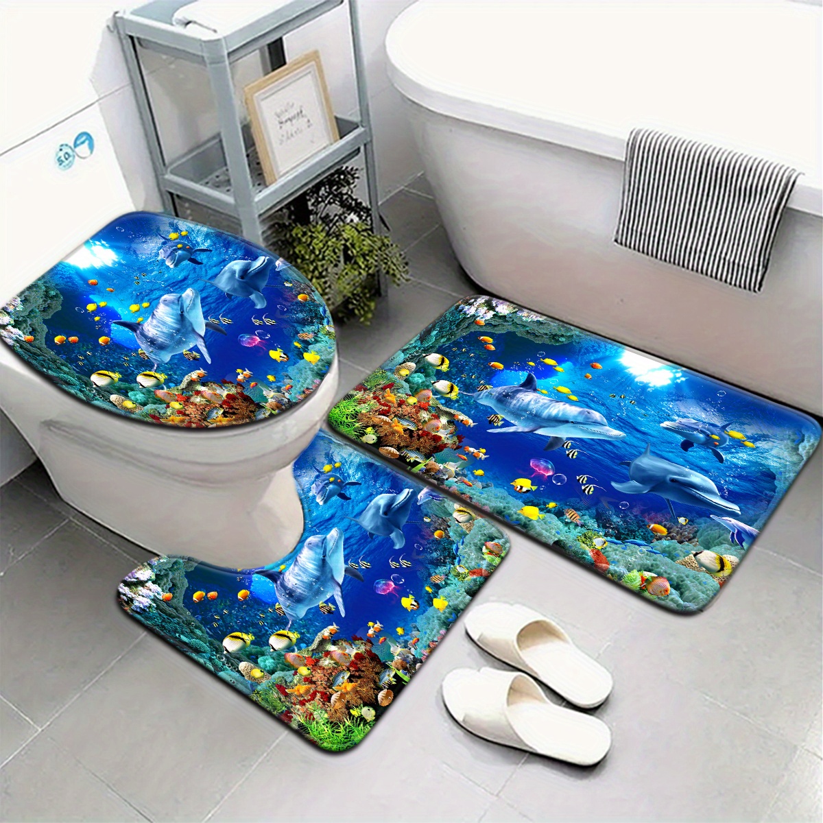 E-shop 3-teiliges/4-teiliges Badezimmermatten-Set mit Unterwasserwelt-Delfin-Korallen-Muster, Toilettendeckelbezug, U-förmige Toilettenfußmatte