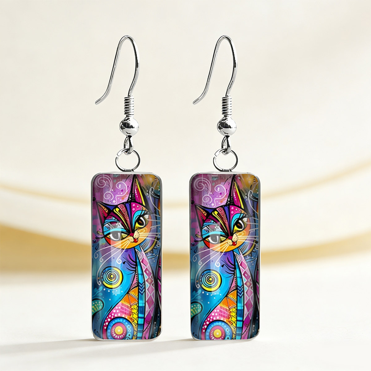 TEMU 1 Paire de Boucles d'Oreilles Rectangulaires Imprimé Peinture à l'Huile Chat Calicot à Motif Géométrique Tourbillon Pop Art Coloré, Accessoires