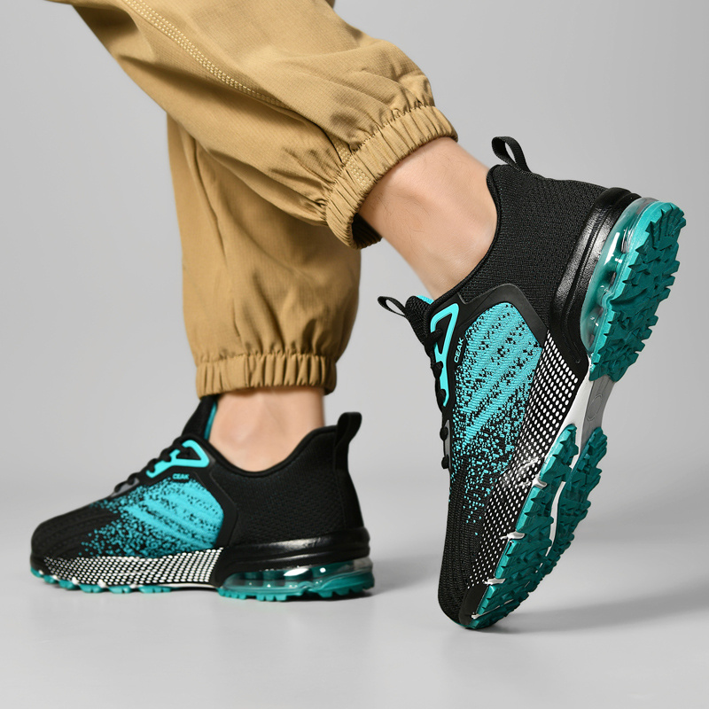 Men's Breathable Knit Sneakers - Lightweight Cushioned MD/TPU Sole, Sharp Toe Design for Hiking, Yoga & Training - Black with Teal Accents, Striped/Checkered/Pure Color Options, All-Season Low-Top Sneakers, Hiking Footwear, Sporty Aesthetic, Flexible Interior Lining