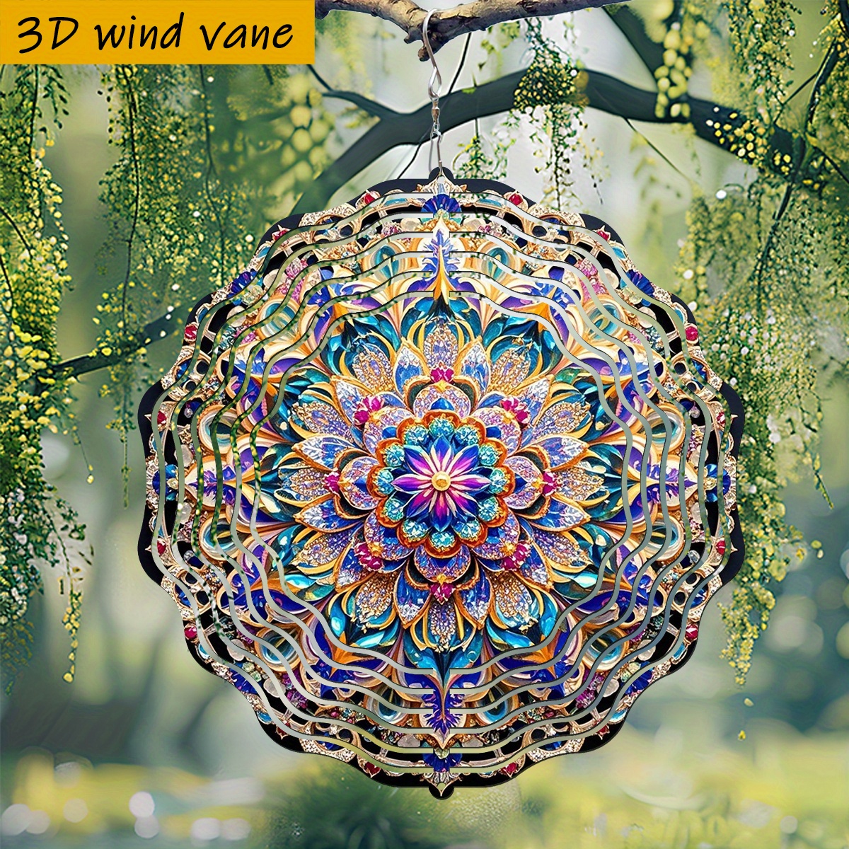 TEMU 1pc 3d Mandala Wind Spinner With 360-degree Rotating Hook - 10-inch /golden/purple/red/ Iron Metal Pinwheel, Suitable For Indoor/outdoor Garden,