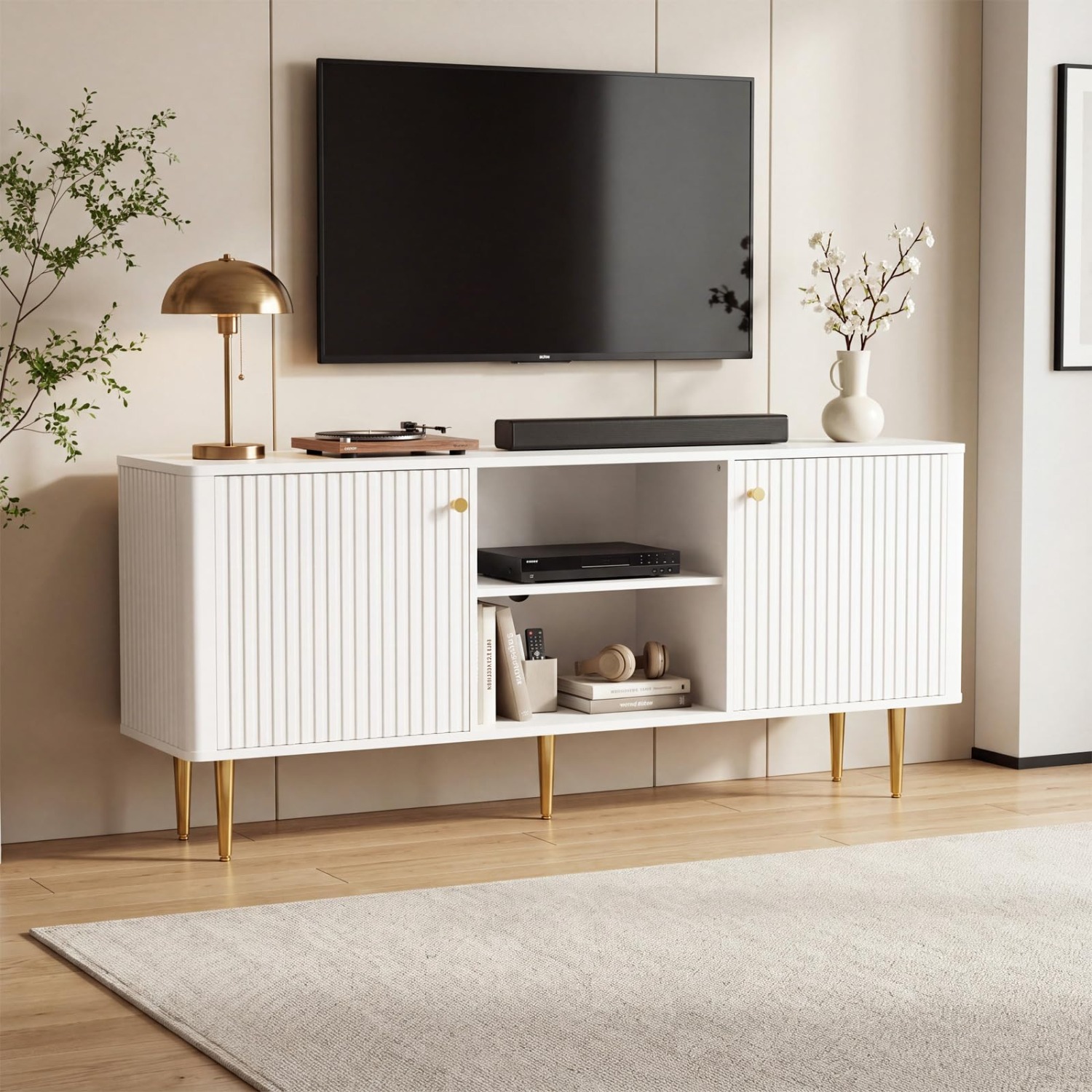 Image of Modern Wave Shape Tv Stand Cabinet For Up To 65 Inch Tv, Living Room Media Console With Storage Cable Management Holes, Black Home Furniture
