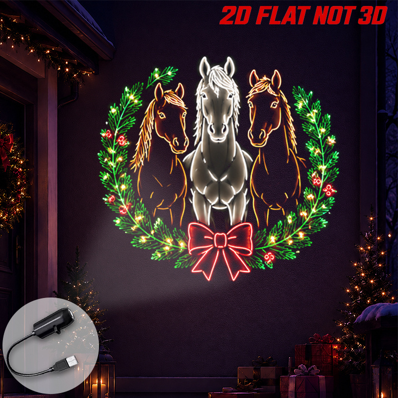 TEMU 1pc Lampe de projecteur portable 2D plate avec trois chevaux, couronne festive pour Noël, fête à , décoration de festive, alimentée par USB