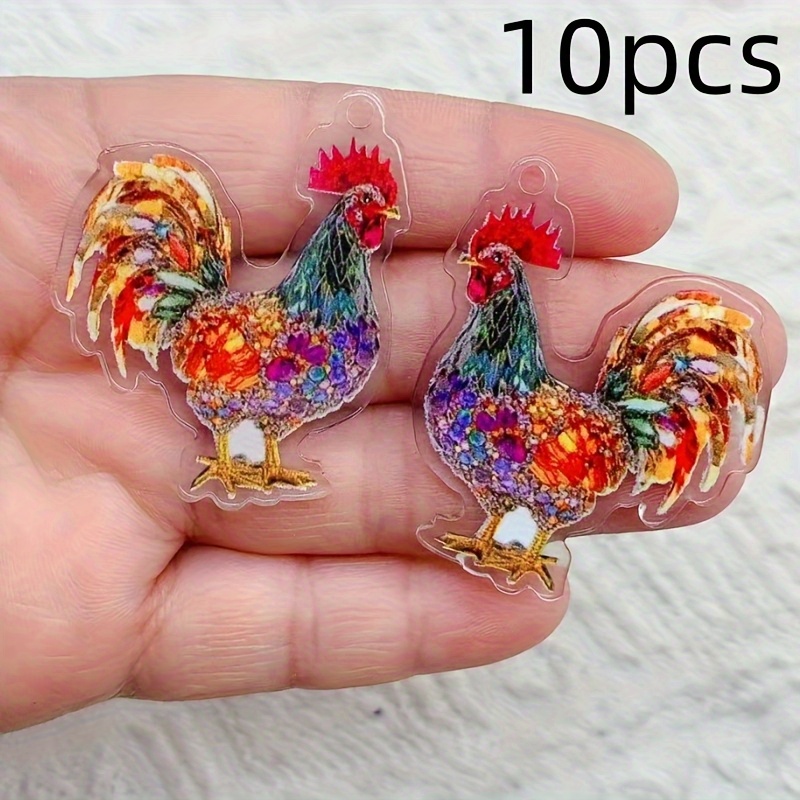 TEMU 10pcs Acrylic Rooster Charms - Vibrant Colorful Animal Pendants For Jewelry Making, Earrings, Necklaces - Ideal For Party Accessories, Festive