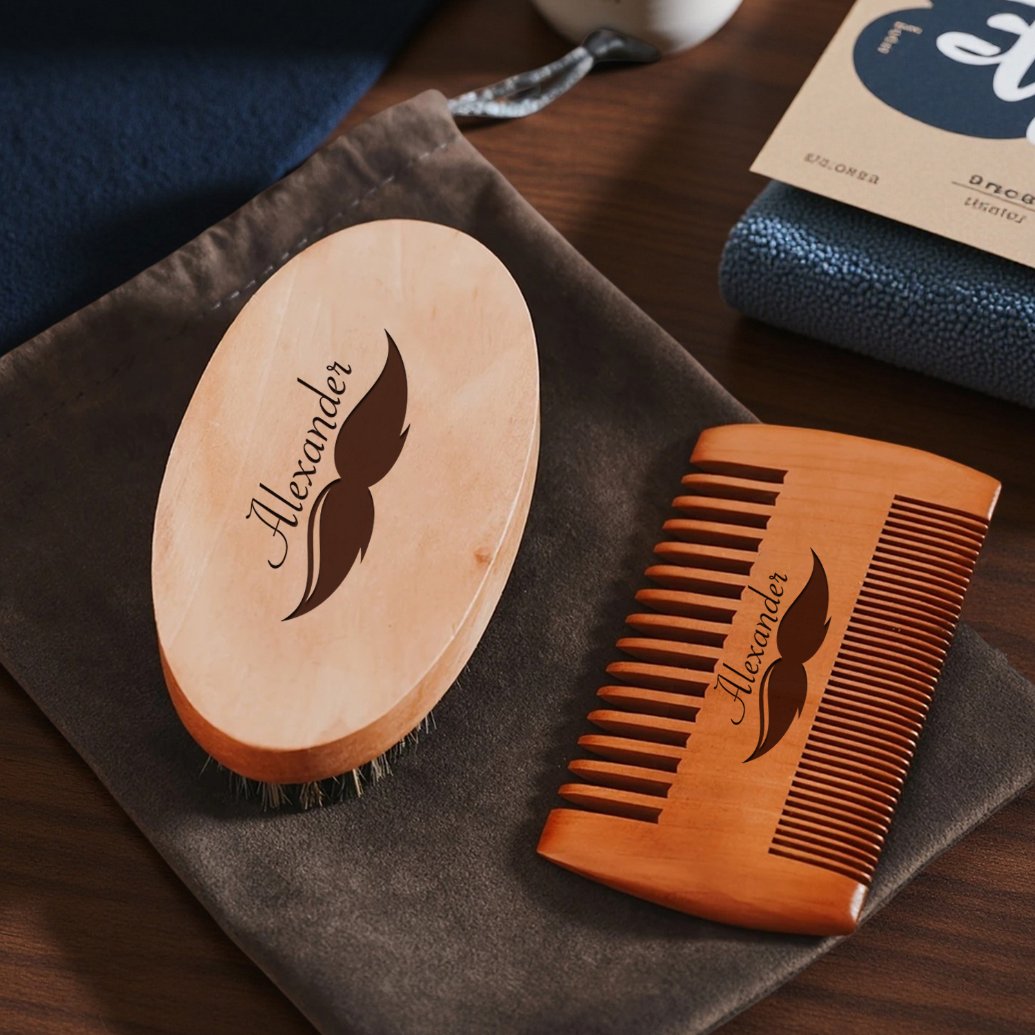 TEMU 1 Set Of Customized Beard Styling Kit Carved Wooden Double-sided Comb And Beard Brush Portable Design Designed For Men' Styling And Care