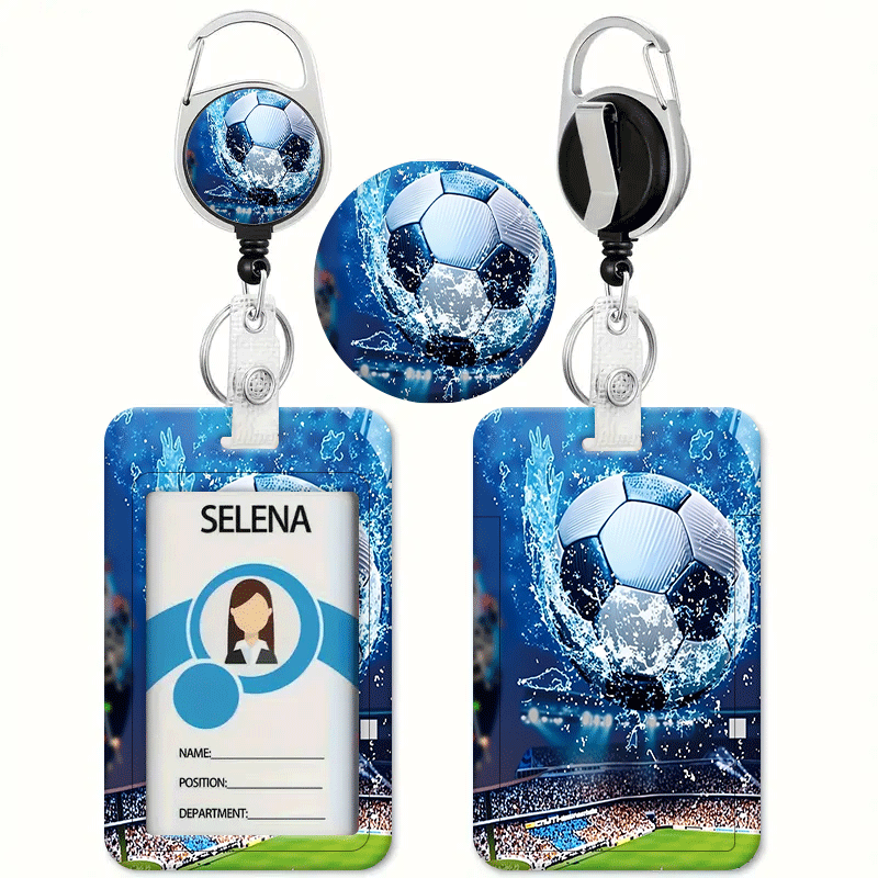 TEMU Football-themed Blue Splashing Water Football Pattern With Stadium Background Print, Printed Pattern Card Holder With Retractable Snap-hook