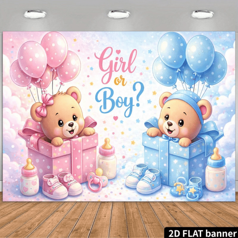 TEMU 2d Themed Backdrop With Pink And Blue Polka Dot Balloons, , Pink Bows, Blue Bows, Envelopes, Gift Boxes, Cracked Eggshells, Golden Question