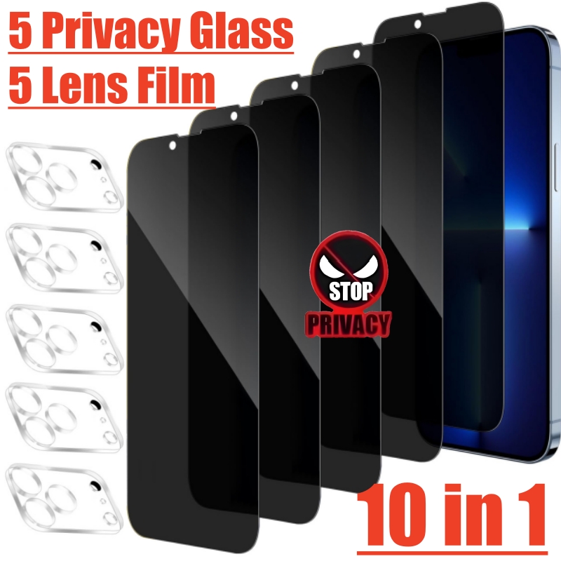 Image of 10in 1(5pcs Tempered Glass Privacy Screen Protectors With Full Coverage)+(5pcs Hd Full Coverage Camera Lens Films) Designed For Iphone 11 12 13 17 18 Pro Max Plus