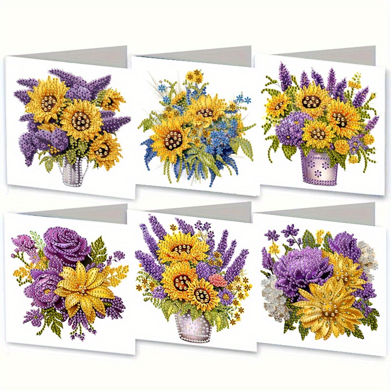 TEMU 6pcs Diamond Painting Greeting Card Set, Handmade Holiday Cards With Envelopes, Diy Craft With Sparkling Flower , Suitable As A Perfect Gift For