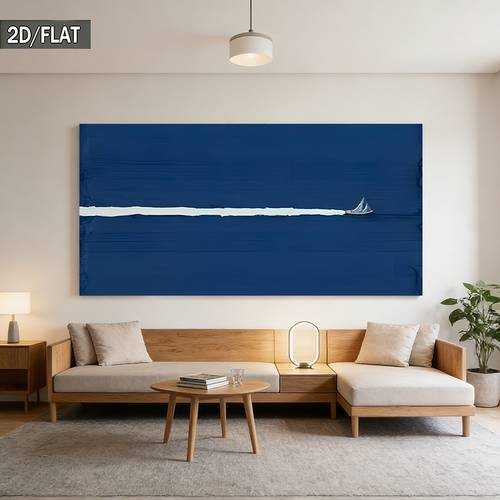 2d düz, büyük mavi denizcilik yelkenli dalgası tablosu - çerçevesiz / minimalist modern duvar sanatı, büyük dokulu ev dekoru, yatak odası, ofis, banyo, çağdaş dalga dekorasyonları için uygun, 2d düz