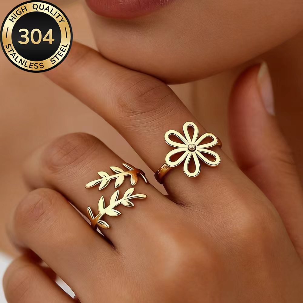 2pcs Stackable Open Ring Set, Golden Stainless Steel