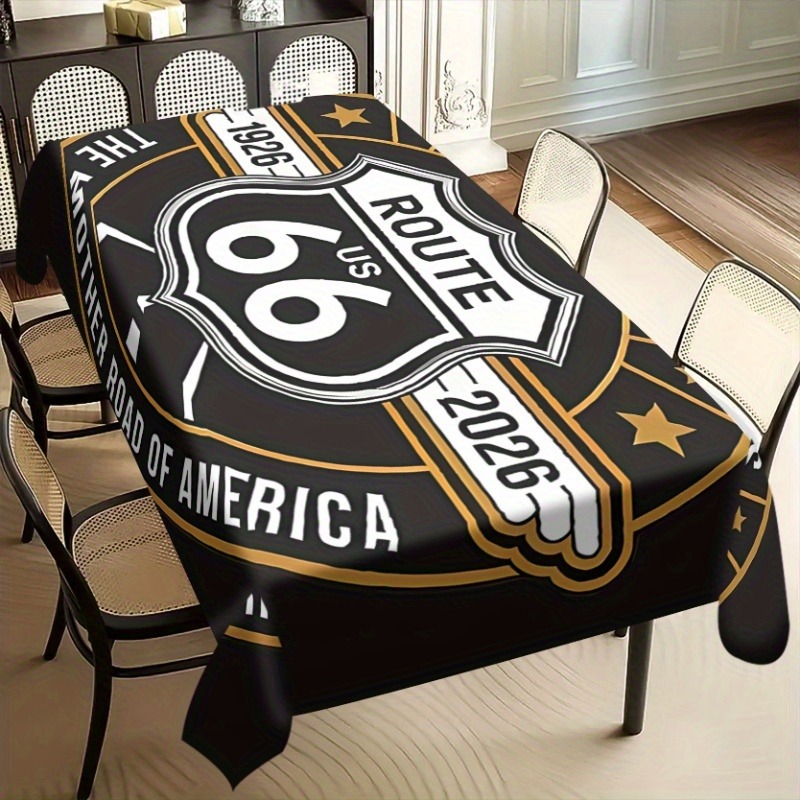 TEMU 1pc Route 66 Tablecloth Vintage Route 66 Shield Sign With Black/yellow/white , Stars & Arrows - Fabric Suitable For Indoor/outdoor Kitchen,