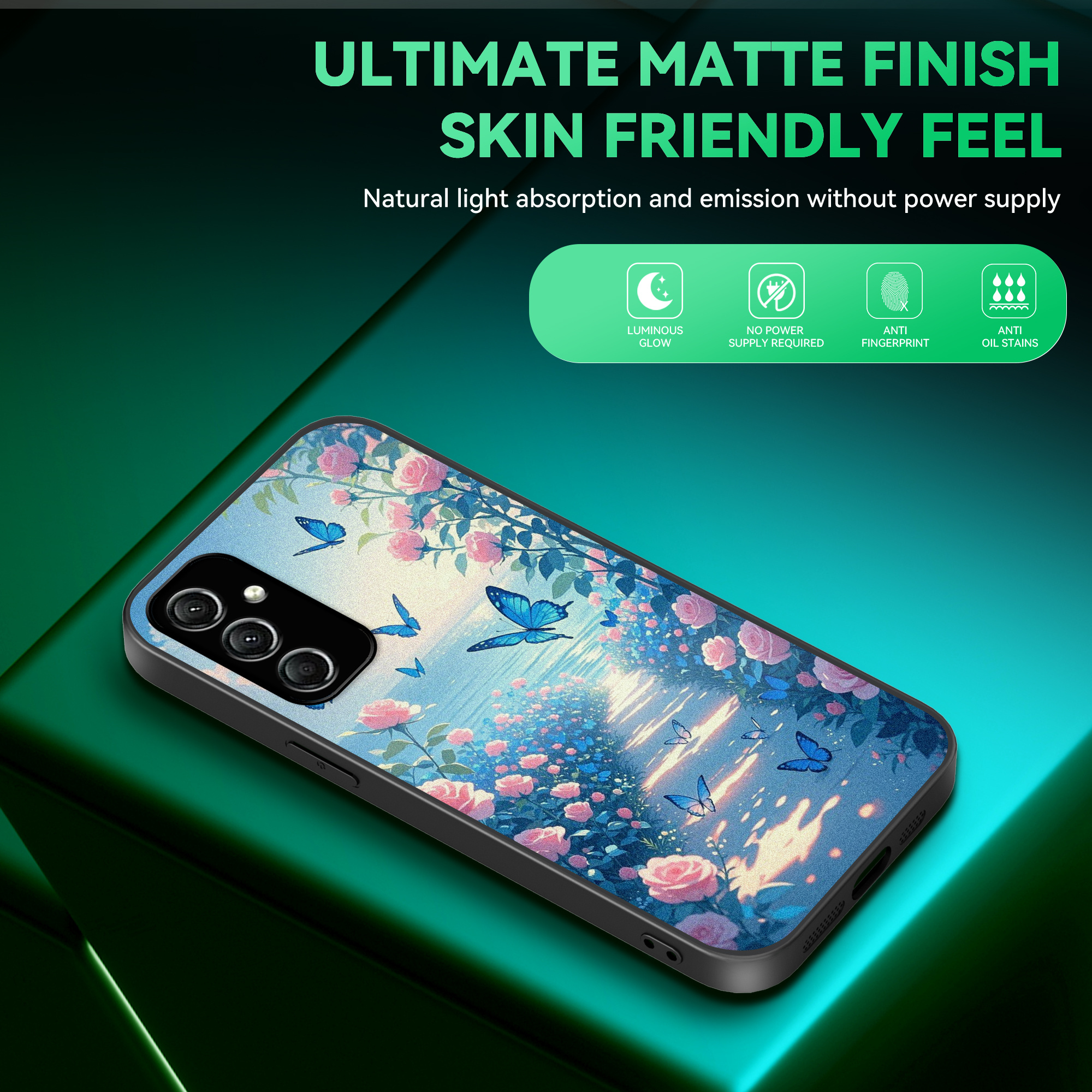 TEMU Phone Case: A Path With Blue Butterflies, A Lightweight, Luminous -the-dark Phone Case That Light Without Needing A Power Source. Features A ,