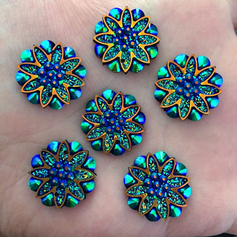 E-shop 12 Stück 2,0 cm/0,79 Zoll AB Resin Glitzer Blumen Flatback Strasssteine Deko DIY Hochzeits- Applikationen 2 Loch Zubehör Bastelbedarf