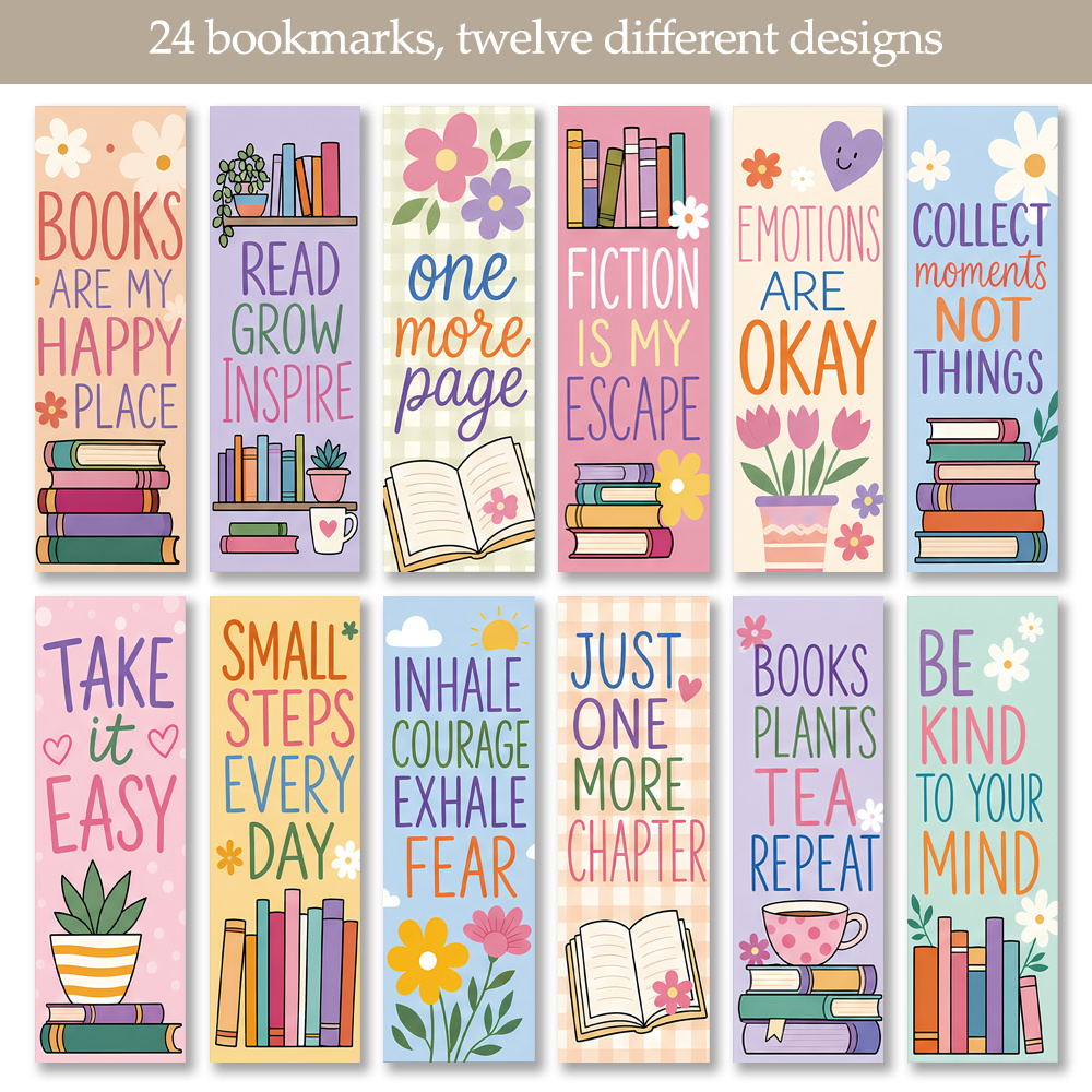 TEMU 24pcs Cozy Bookmarks Suitable For - Pastel Book Page Markers With Positive Quote Bookmarks, Reading Art Page Markers For Books, Journals,