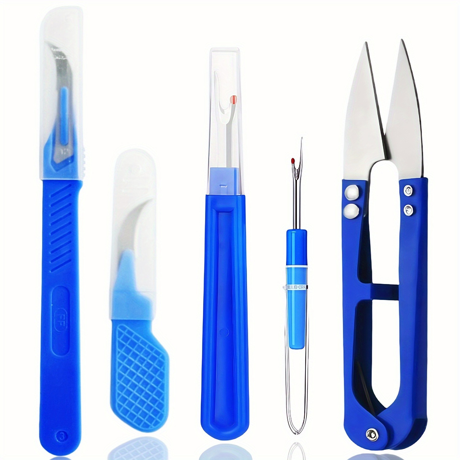 

5pcs Blue Sewing Seam Kit – Ergonomic Thread Unpickers & For Crafting, Needlework, And Embroidery, Includes Safety Covered Scissors And Tweezers, Sewing Supplies Accessories