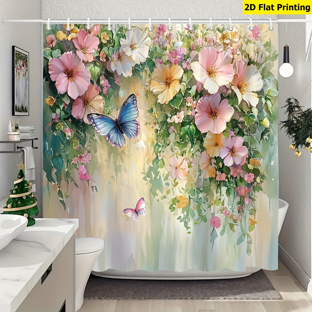 TEMU 2d Flat, 2d Curtain, 1pc, Floral Print Shower Curtain, Watercolor Art Creative Natural Plant Shower Curtain With Hooks For Bathroom Decor,