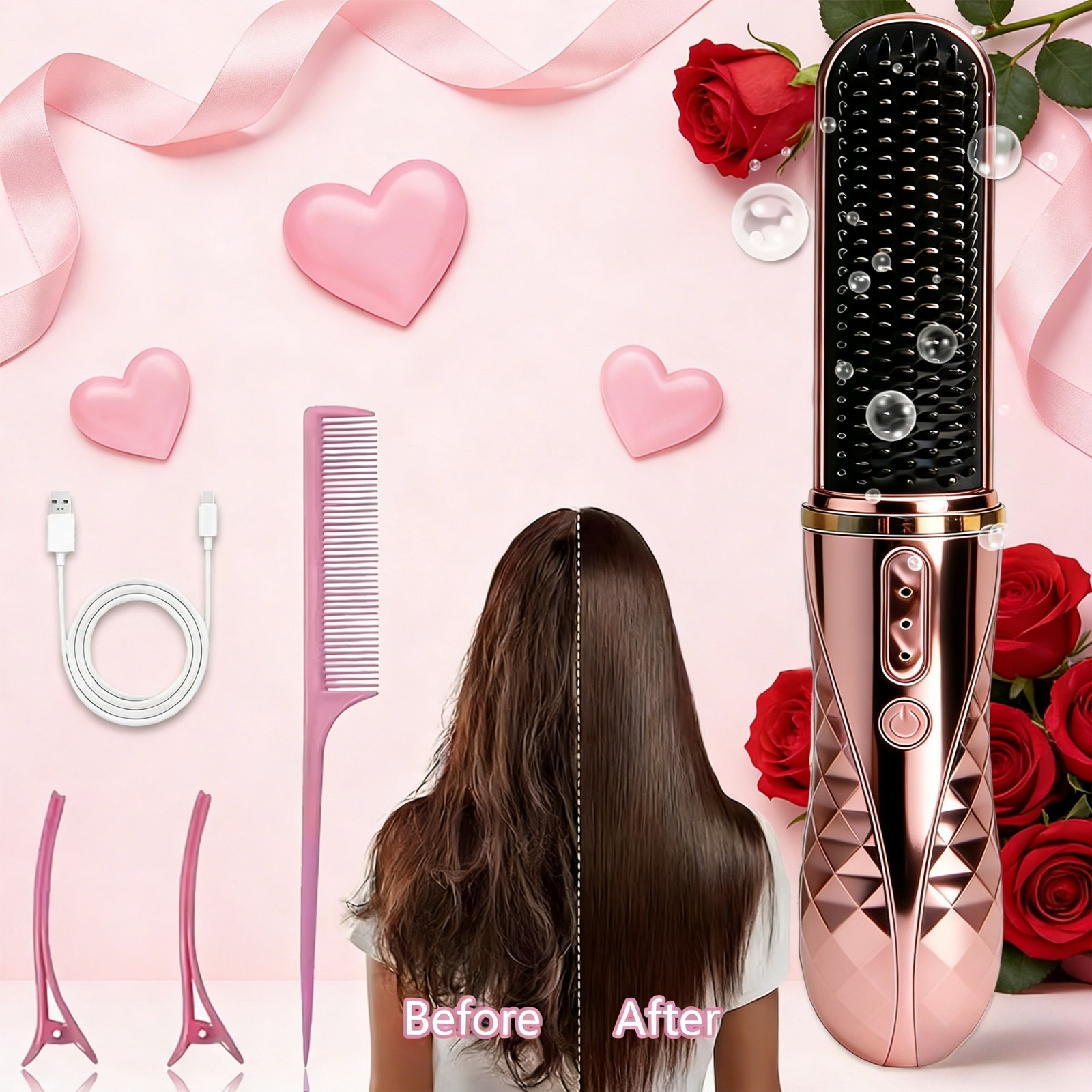 TEMU Mini Cordless Hair Straightener Brush, Usb Rechargeable With 3 Temp Settings, Anti-scald Portable Hair Straightening Brush With 4000mah Lithium